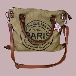 PARIS Canvas Tote with Brown Leather Handles. Brand new